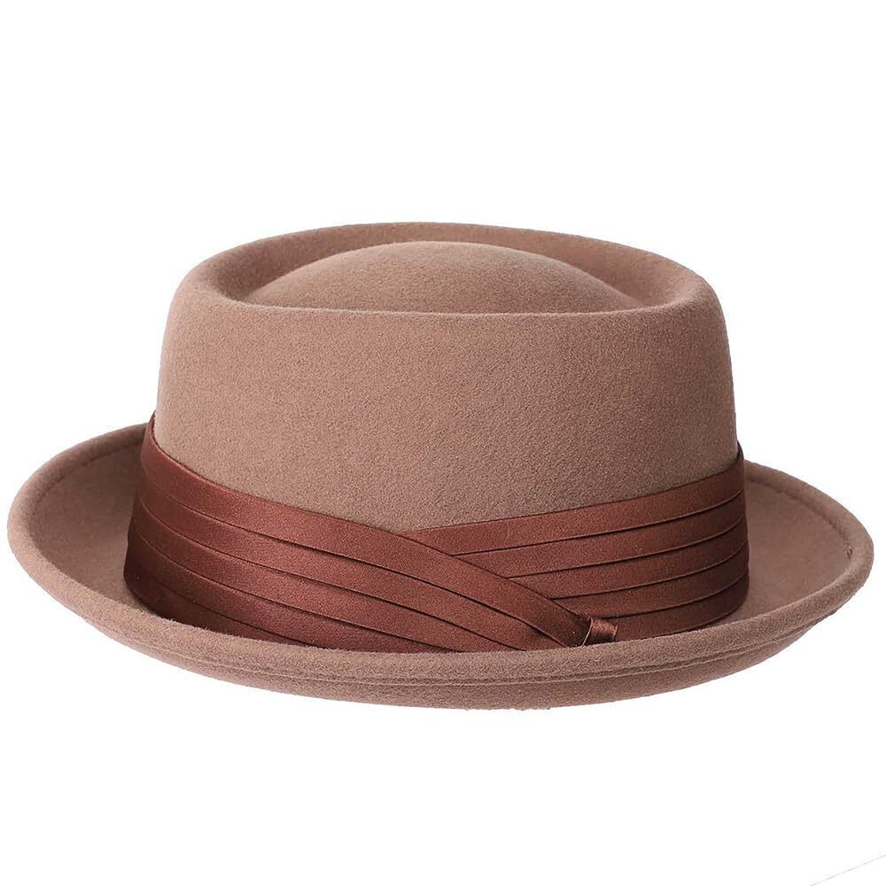 3127 Camel Wool Felt Curly Brim Pork Pie Bowler Hat with Ribbon Brimmed